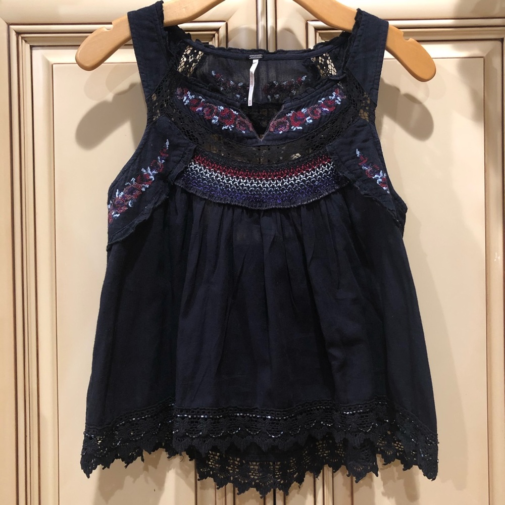 Free People Black Pleated Top Embroidered Flowers